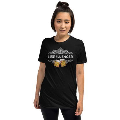 Person wearing a black t-shirt with 'BEERFLUENCER' design on a white background