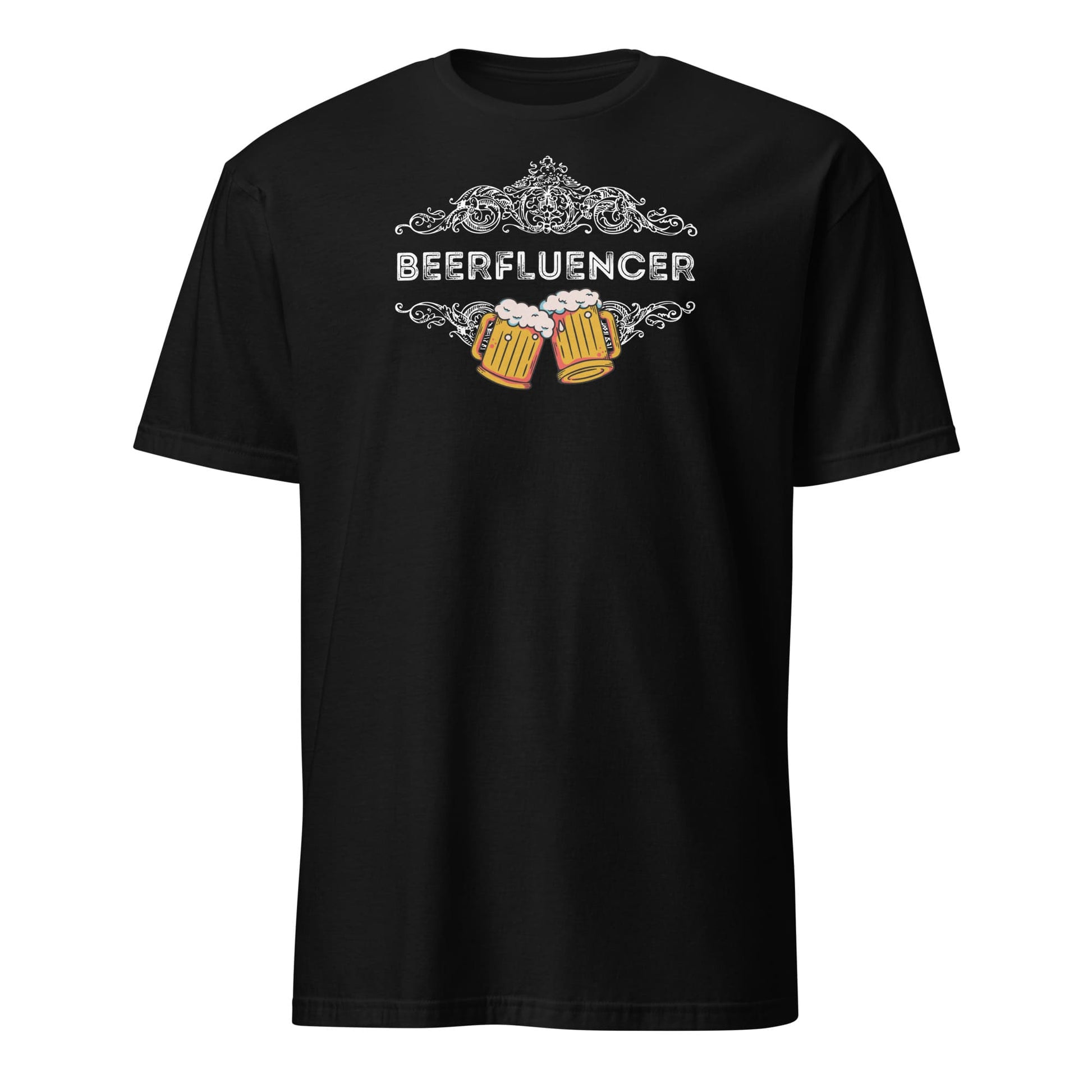 Black t-shirt with 'BEERFLUENCER' text and beer graphics on a white background