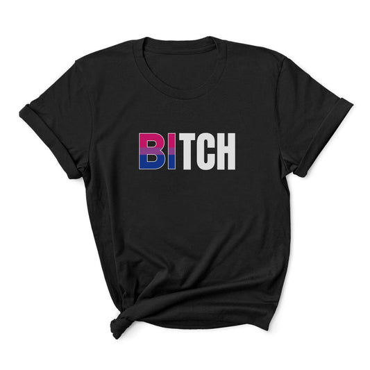 Black t-shirt with colorful 'Bitch' text in bisexual colors on a white background