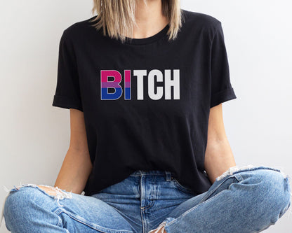 Person wearing a black t-shirt with Bi bitch design