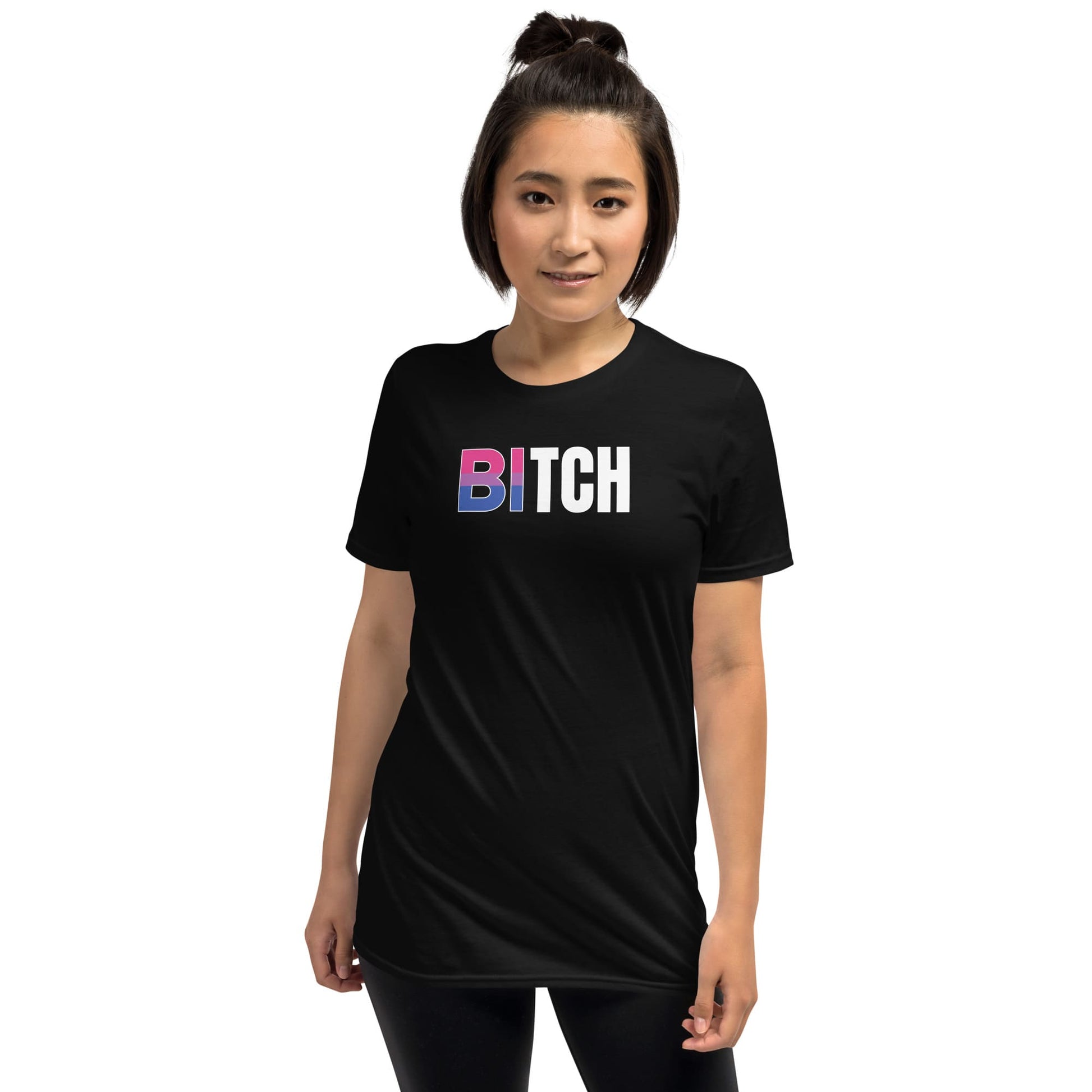 Person wearing a black t-shirt with bisexual flag text on a white background