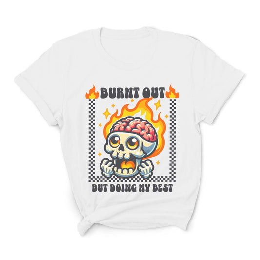 White t-shirt with a skull design and text on a white background: Funny Mental Health Shirt, Burnout Tee, Retro Neurodivergent T-Shirt, Cute Skull Gift For Autism Warrior, Overstimulated Shirt For Depressed