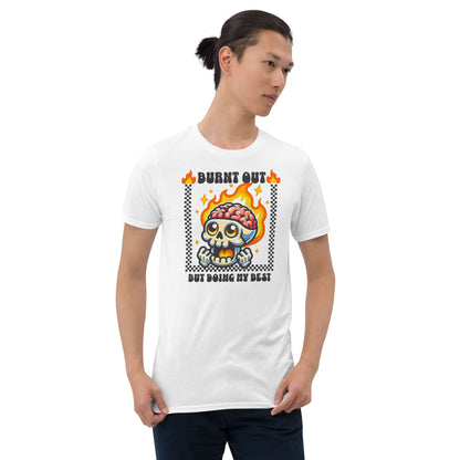 Person wearing a white t-shirt with a graphic design featuring a skull and flames: Funny Mental Health Shirt, Burnout Tee, Retro Neurodivergent T-Shirt, Cute Skull Gift For Autism Warrior, Overstimulated Shirt For Depressed