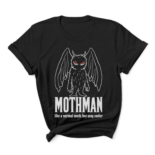 Black t-shirt with Mothman graphic and funny text on a white background
