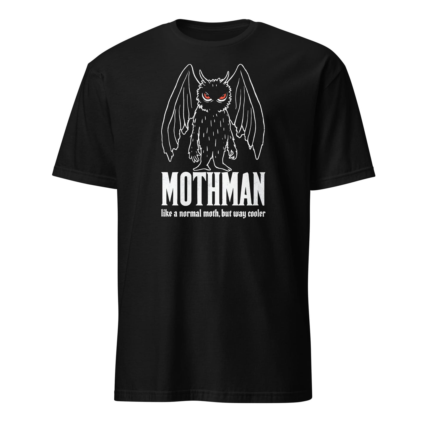 Black t-shirt with Mothman graphic and text on a white background