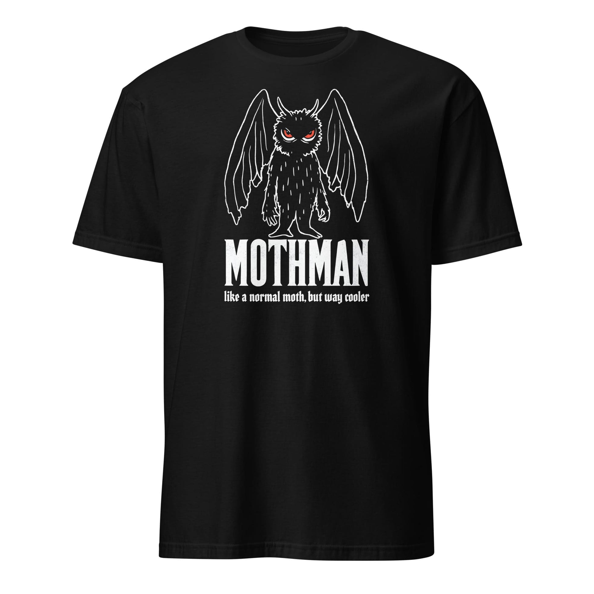 Black t-shirt with Mothman graphic and text on a white background