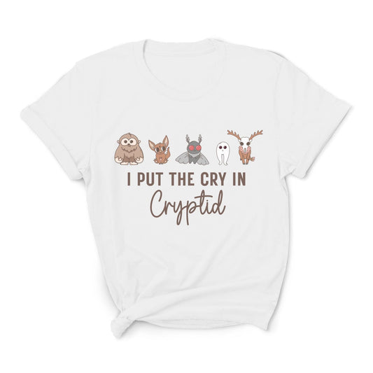 White t-shirt with cryptid creature illustrations and text on a white background: Funny Cryptid Mental Health Awareness Comfort Colors Shirt, Cute Cryptidcore Neurodivergent Tee, Kawaii Cryptozoology Neurospicy T-Shirt