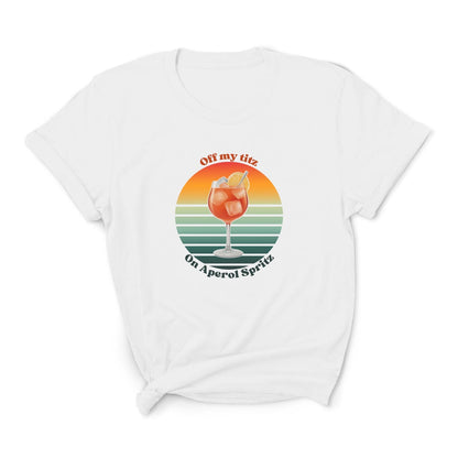 White t-shirt with a colorful graphic of a cocktail and text on a white background