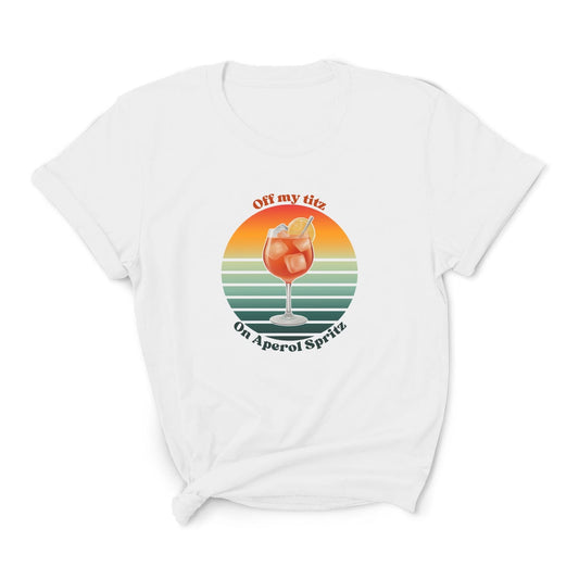 White t-shirt with a colorful graphic of a cocktail and text on a white background