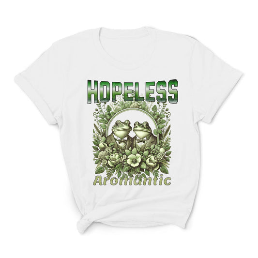 White aromantic t-shirt with green frog design and text on a white background