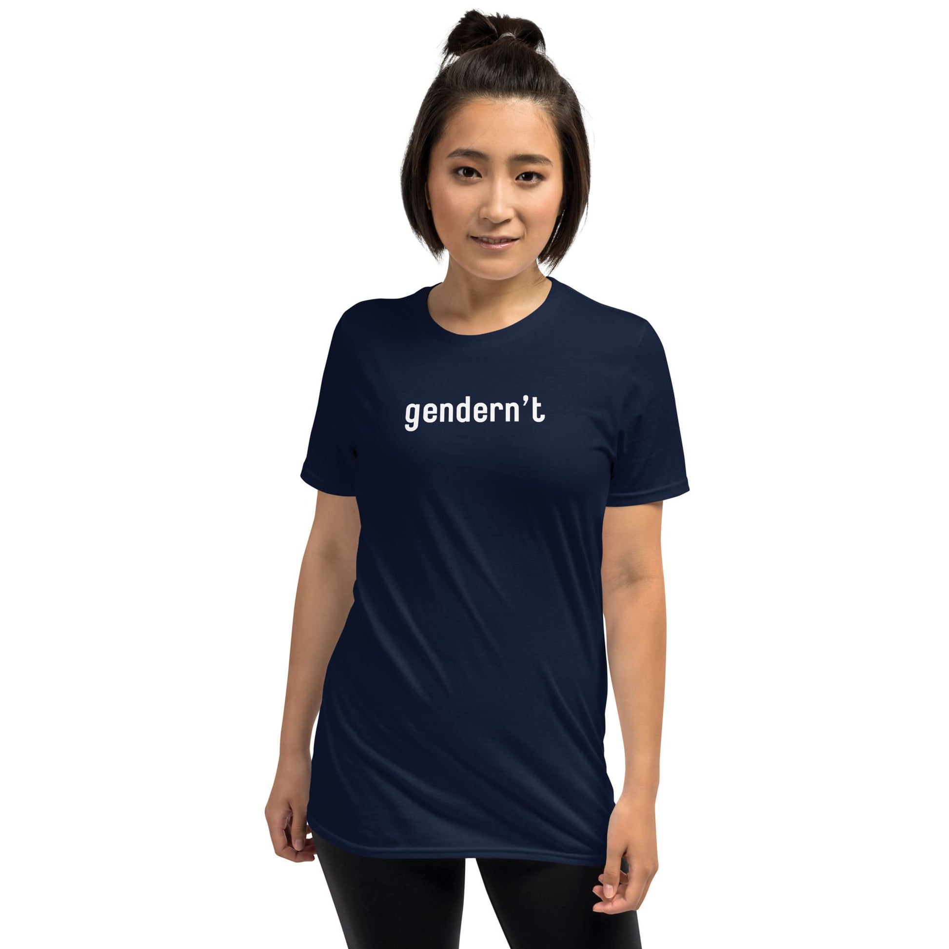 Person wearing a fun navy blue nonbinary t-shirt with 'gendern't' text on a white background