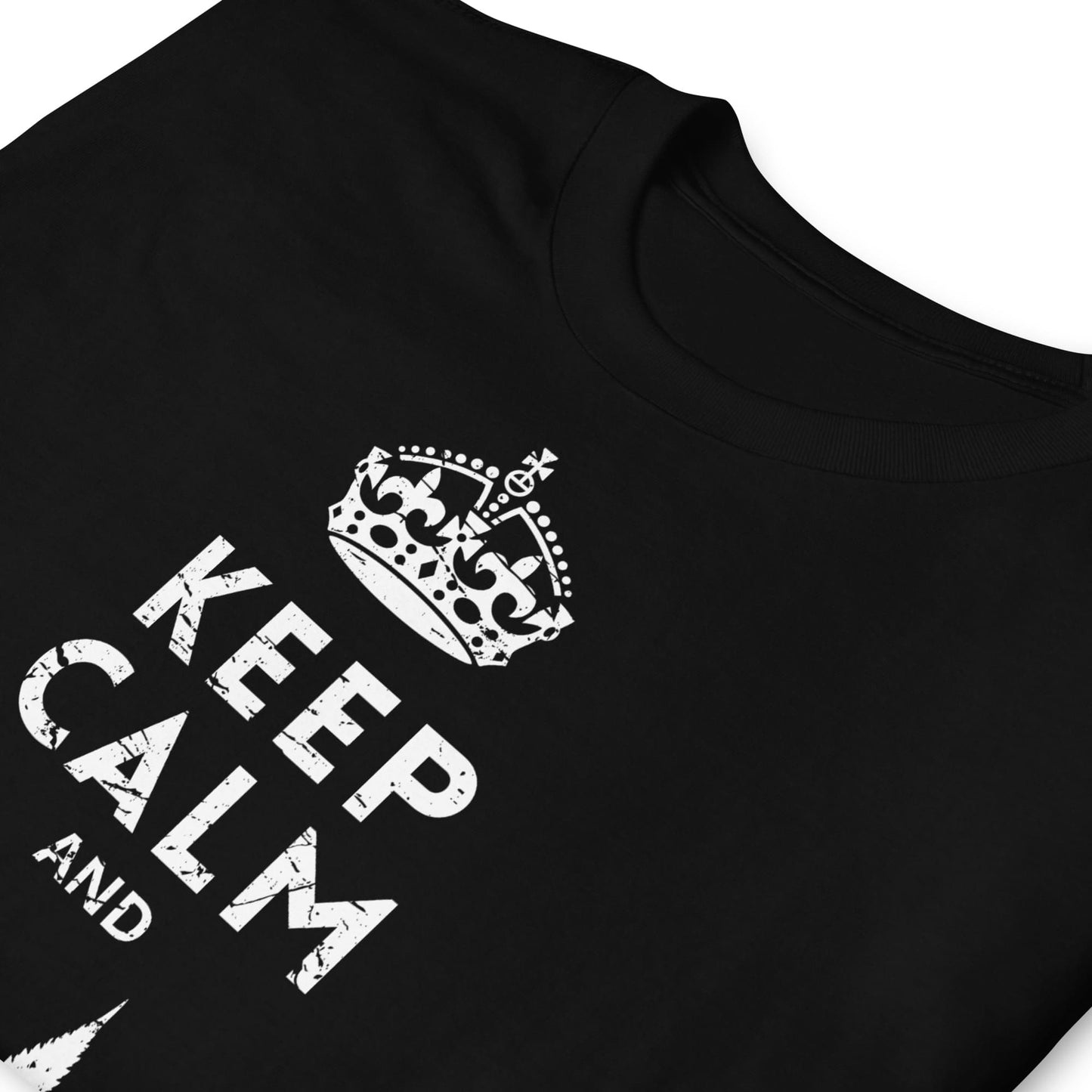 Black t-shirt with white 'Keep Calm & smoke weed' design featuring a crown on a white background