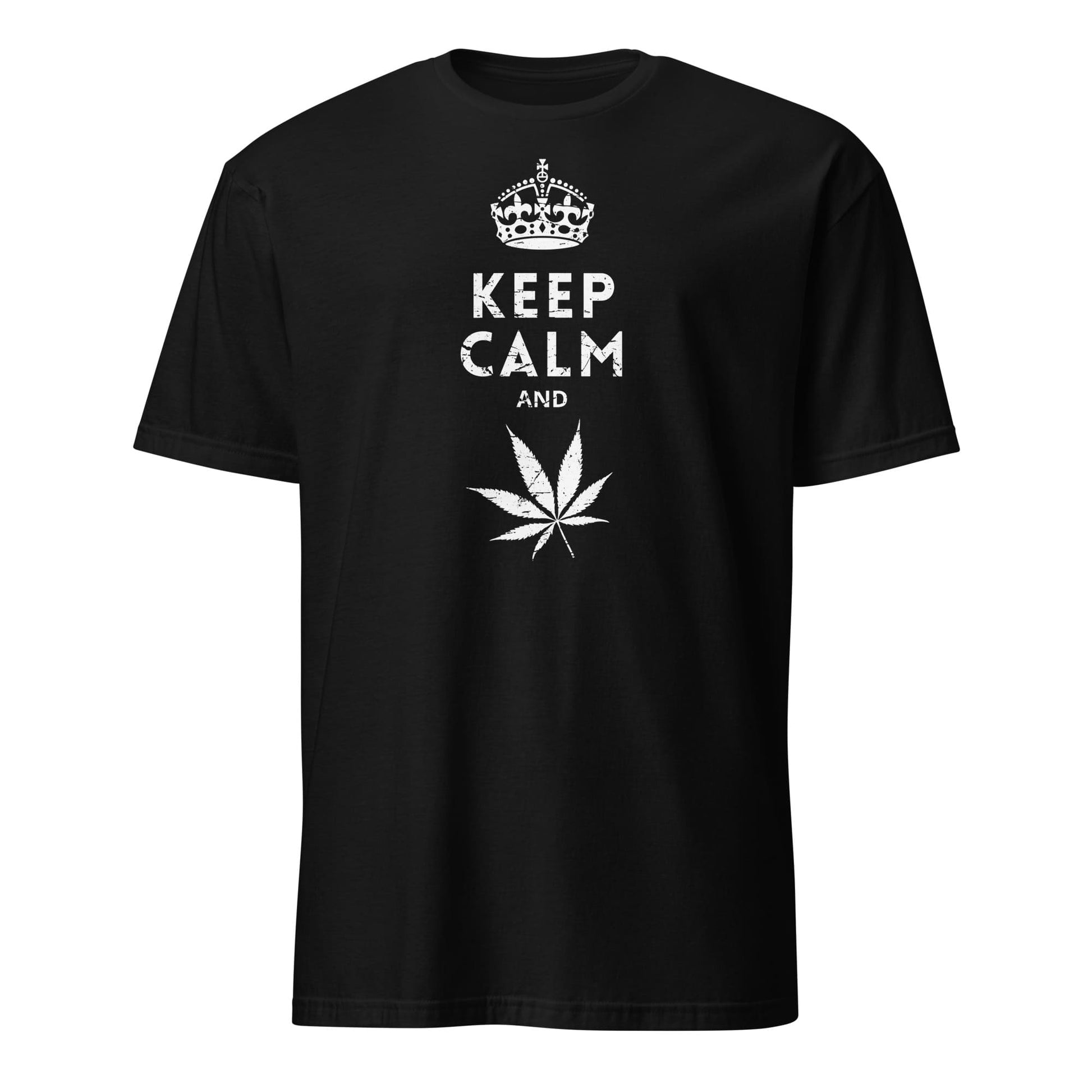 Black t-shirt with 'Keep Calm and' and a cannabis leaf design on a white background