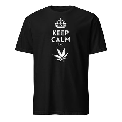 Black t-shirt with 'Keep Calm and' and a cannabis leaf design on a white background