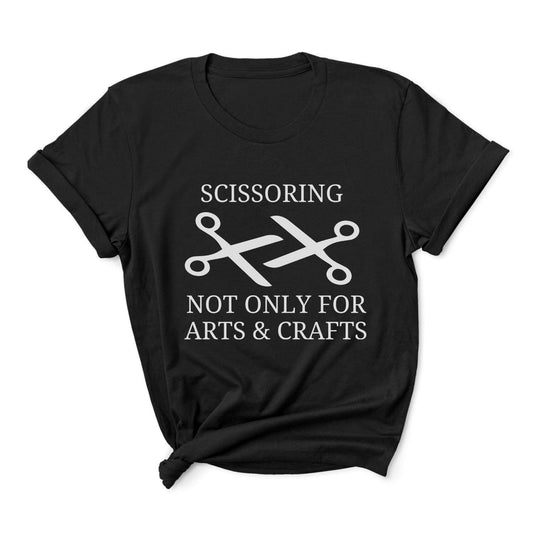 Black funny sapphic t-shirt with white text and scissors graphic on a white background