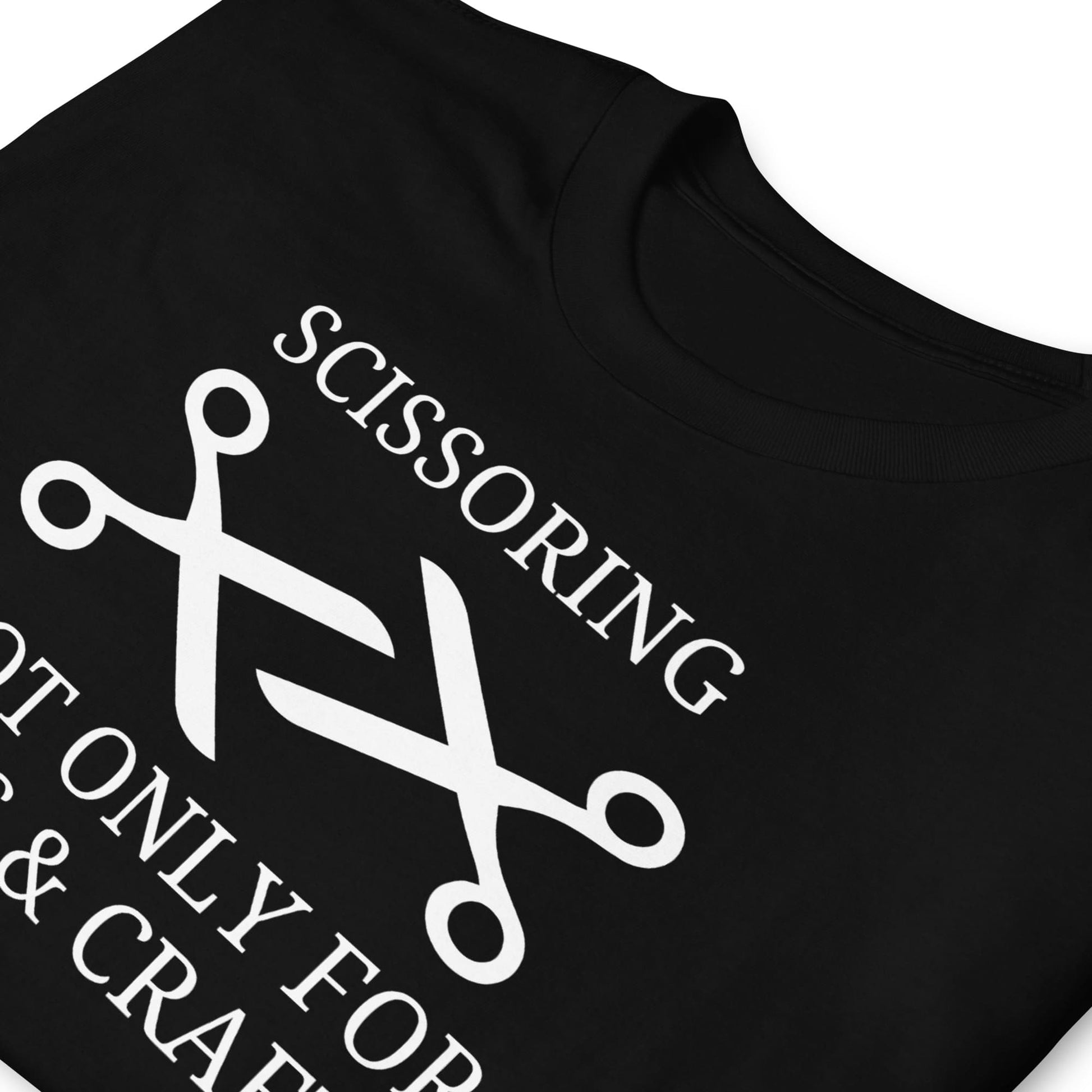 Black sapphic wlw  t-shirt with white scissors graphic and text on a white background