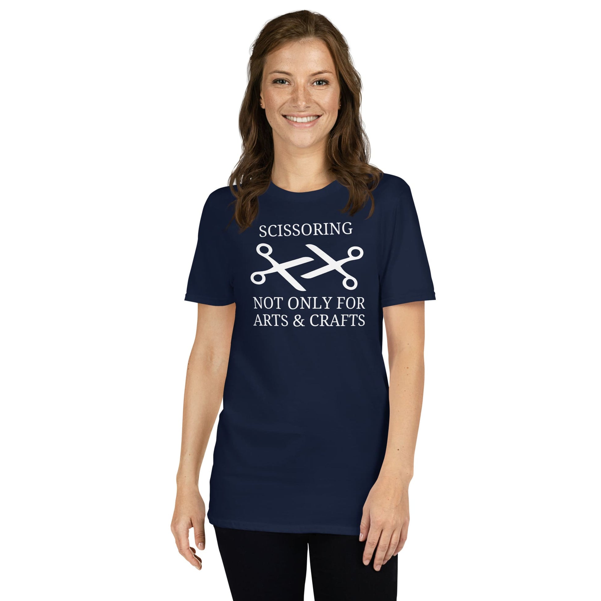 Woman wearing a navy blue lesbian t-shirt with sapphic wlw white text and graphics on a white background