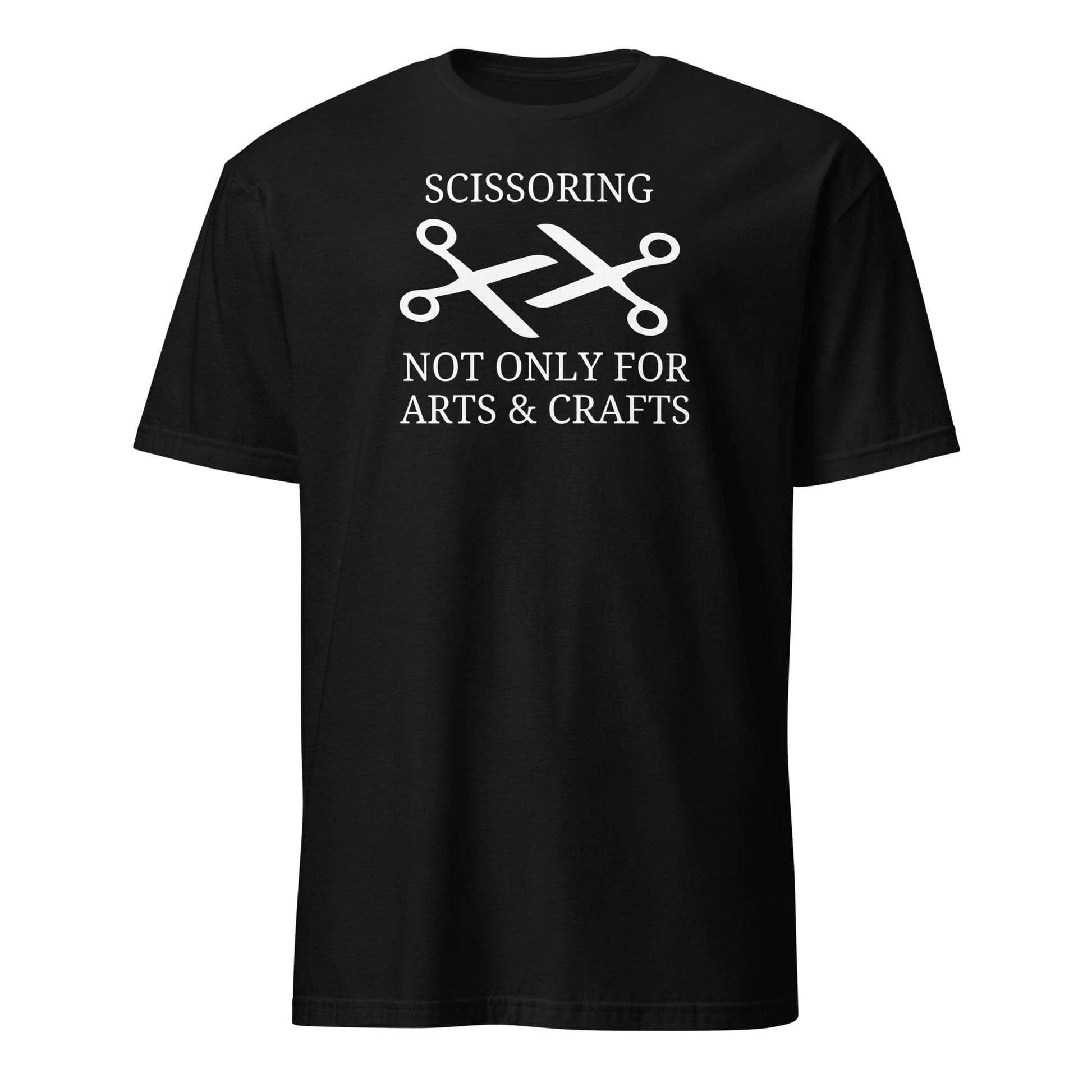 Black sapphic wlw t-shirt with white text and scissors graphic on a white background