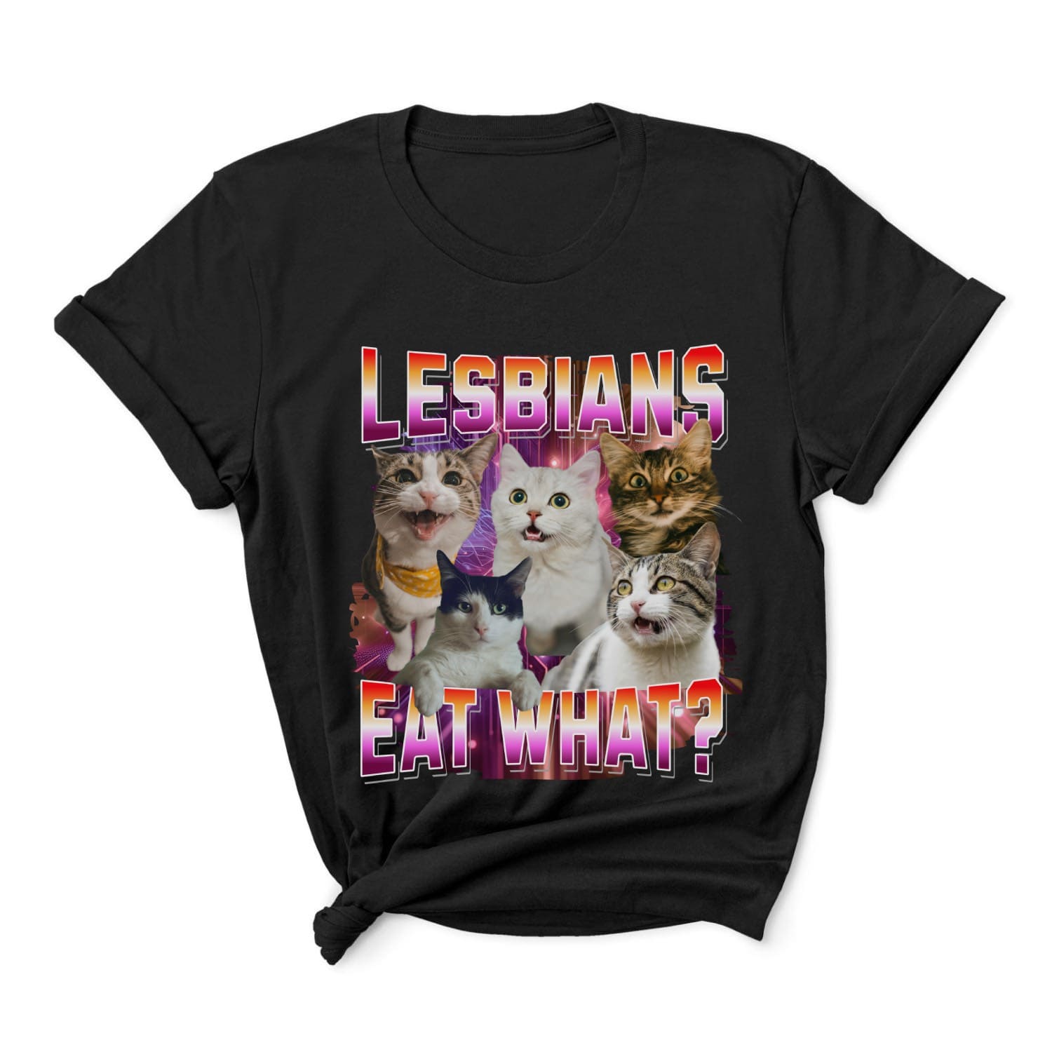 Black y2k bootleg t-shirt with cats and text 'LESBIANS EAT WHAT?' on a white background