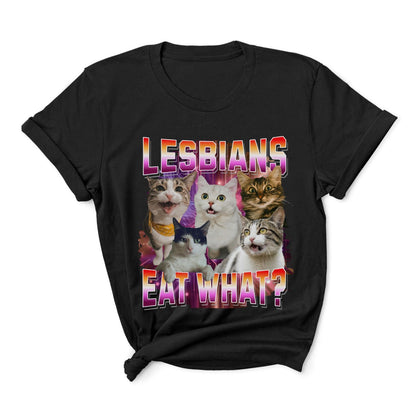 Black y2k bootleg t-shirt with cats and text 'LESBIANS EAT WHAT?' on a white background