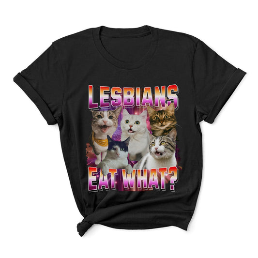 Black y2k bootleg t-shirt with cats and text 'LESBIANS EAT WHAT?' on a white background