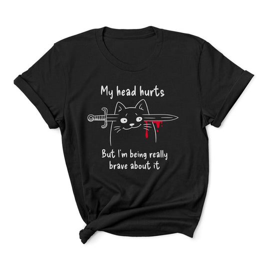 Black t-shirt with a graphic of a cat holding a sword and text on a white background: My Head Hurts Shirt, Headache Tee, Chronic Migraine Warrior, Morbid Cat Meme, Funny Spoonie Gift, Mental Illness T-Shirt, Dark Humor