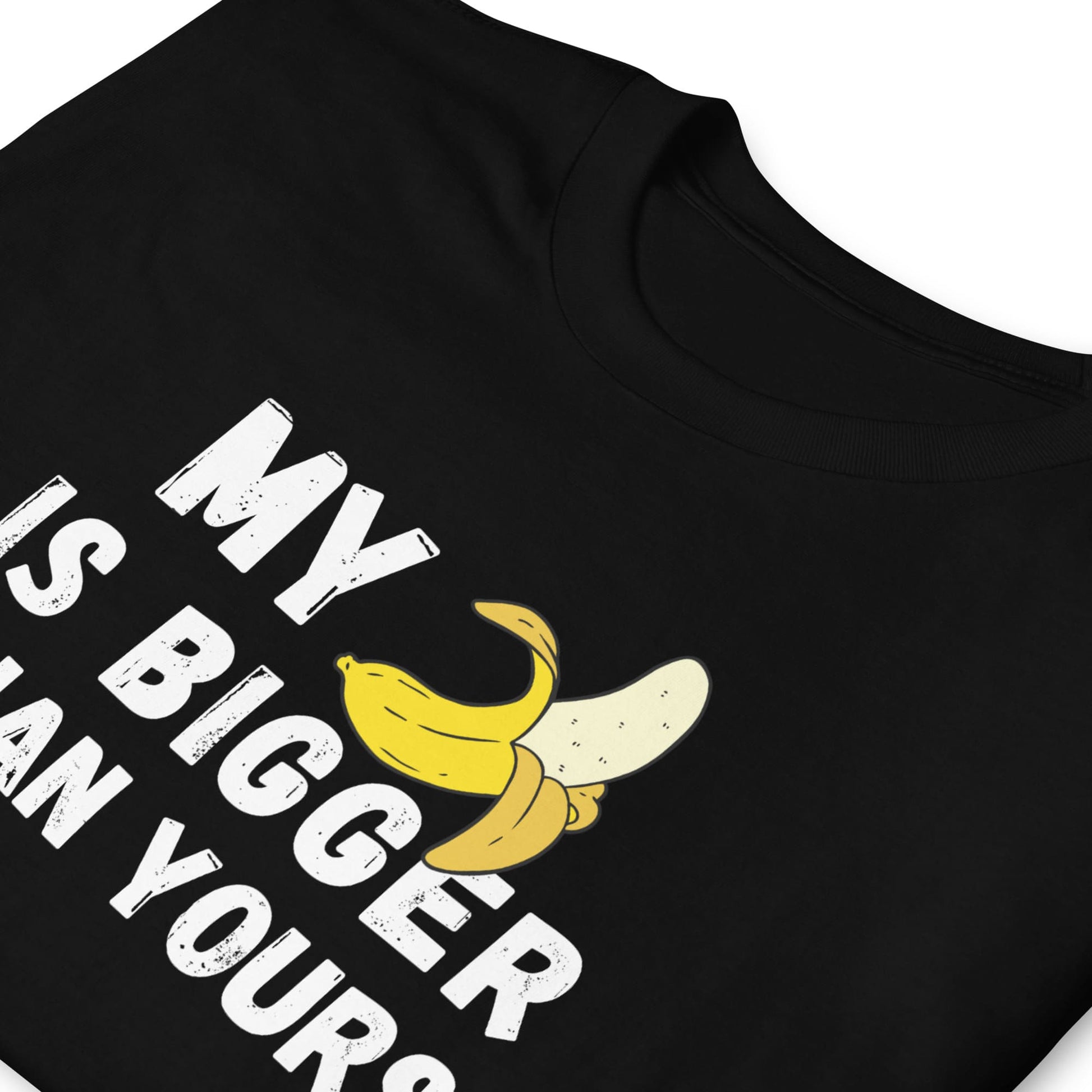 Black t-shirt with a banana graphic and text on a white background