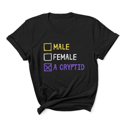 Black t-shirt with gender expression text and checkboxes on a white background: Funny Nonbinary Shirt, Enby Pride Cryptid Tee, LGBTQ Queer Meme T-Shirt, Cryptidcore Mythology Legend, Weirdcore Gift, Cryptozoology Top