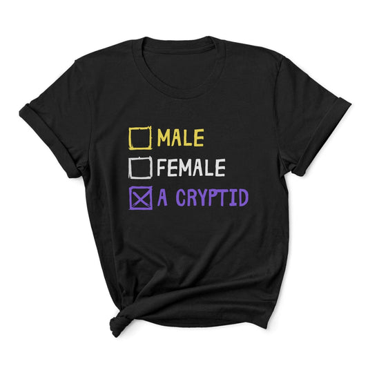 Black t-shirt with gender expression text and checkboxes on a white background: Funny Nonbinary Shirt, Enby Pride Cryptid Tee, LGBTQ Queer Meme T-Shirt, Cryptidcore Mythology Legend, Weirdcore Gift, Cryptozoology Top