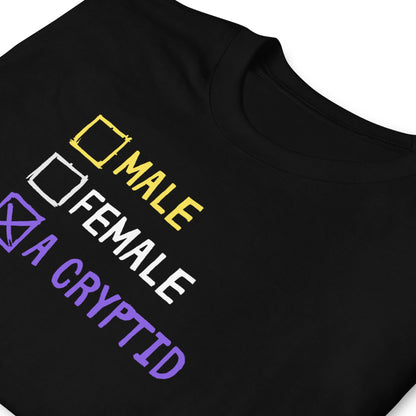 Black t-shirt with gender options and 'cryptid' text on a white background: Funny Nonbinary Shirt, Enby Pride Cryptid Tee, LGBTQ Queer Meme T-Shirt, Cryptidcore Mythology Legend, Weirdcore Gift, Cryptozoology Top