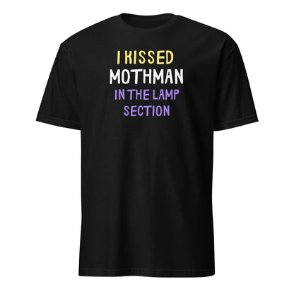 Black t-shirt with humorous text design on a white background: Nonbinary Humor Shirt, Funny Mothman Cryptid Tee, Spooky Queer Pride Gift, LGBTQ Meme T-Shirt ,Enby Weirdcore Top, Cryptidcore Mythology