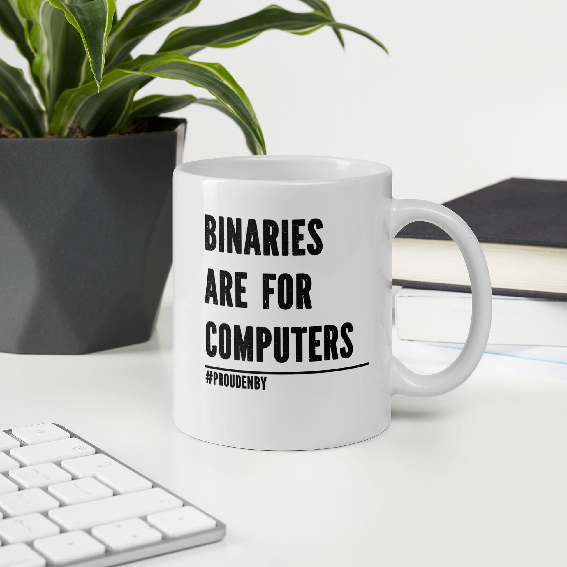 nonbinary mug, funny enby pride coffee or tea cup, on desk