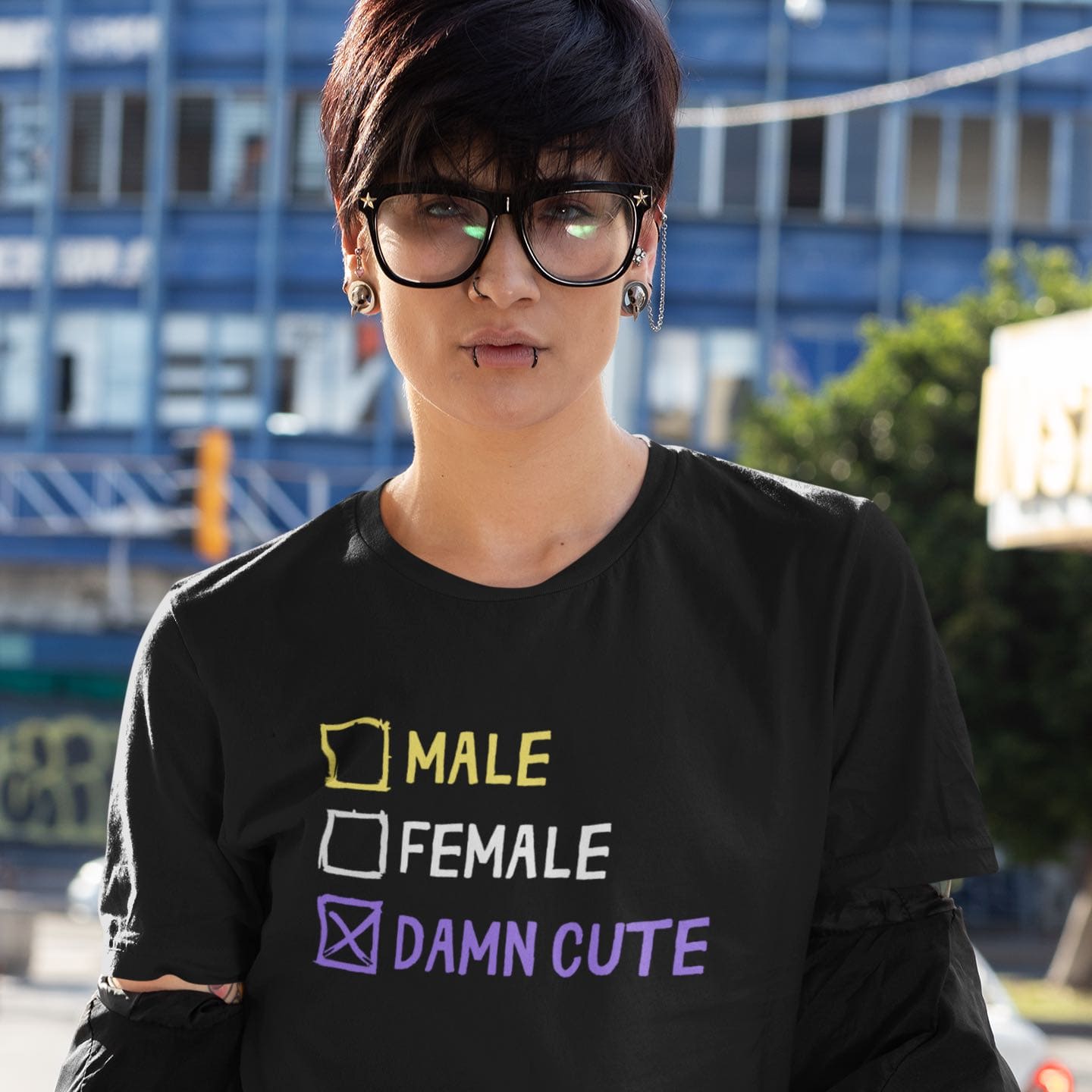 nonbinary shirt, sarcastic cute enby pride, in use