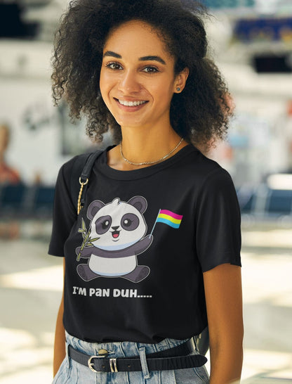 pansexual shirt, cute panda with pan pride flag, in use