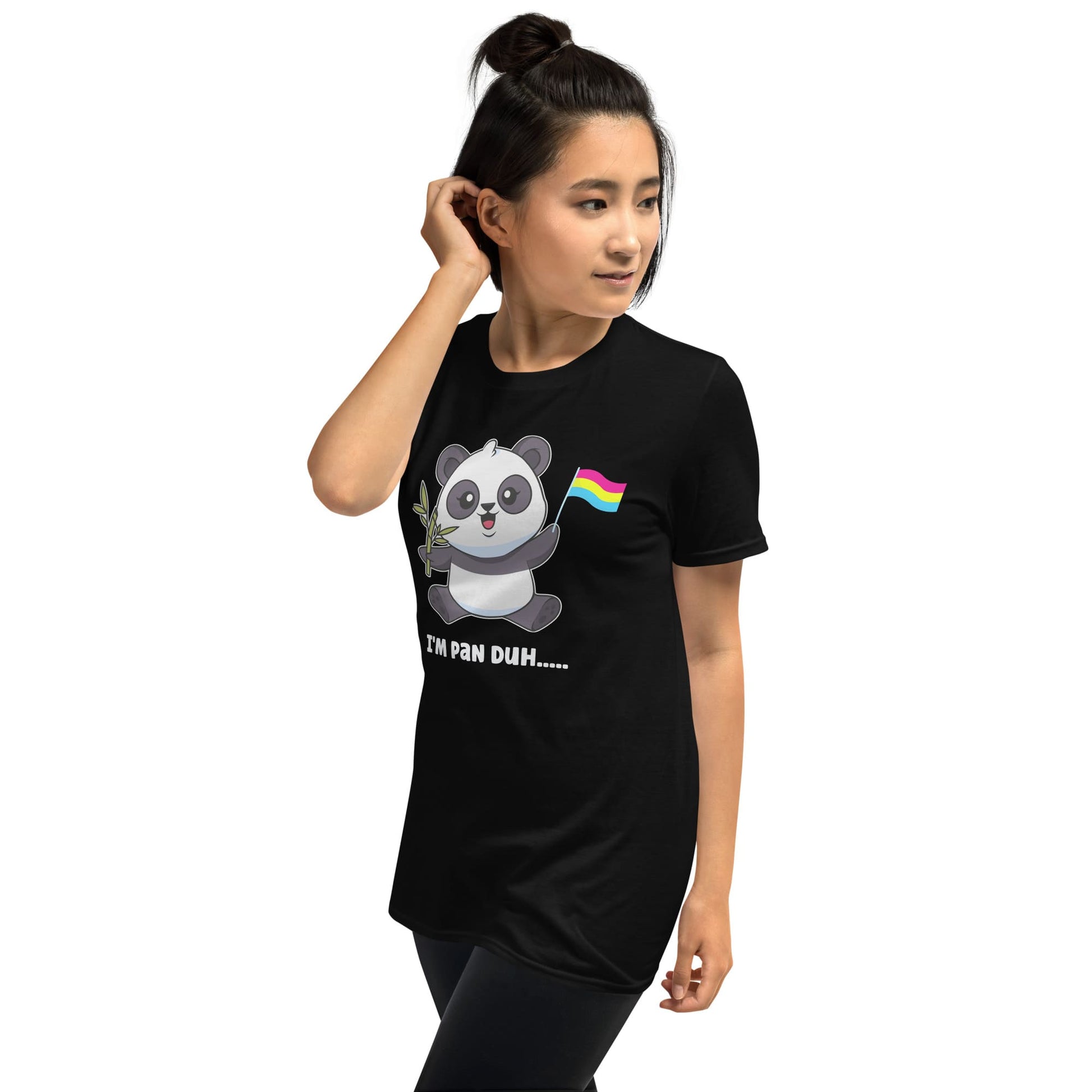 pansexual shirt, cute panda with pan pride flag, female model