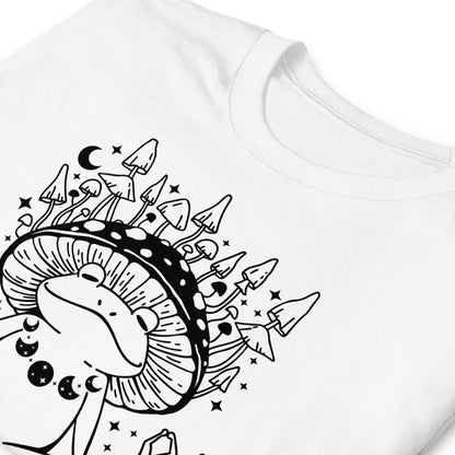 White t-shirt with black line art design of a mushroom and geometric shapes on a white background