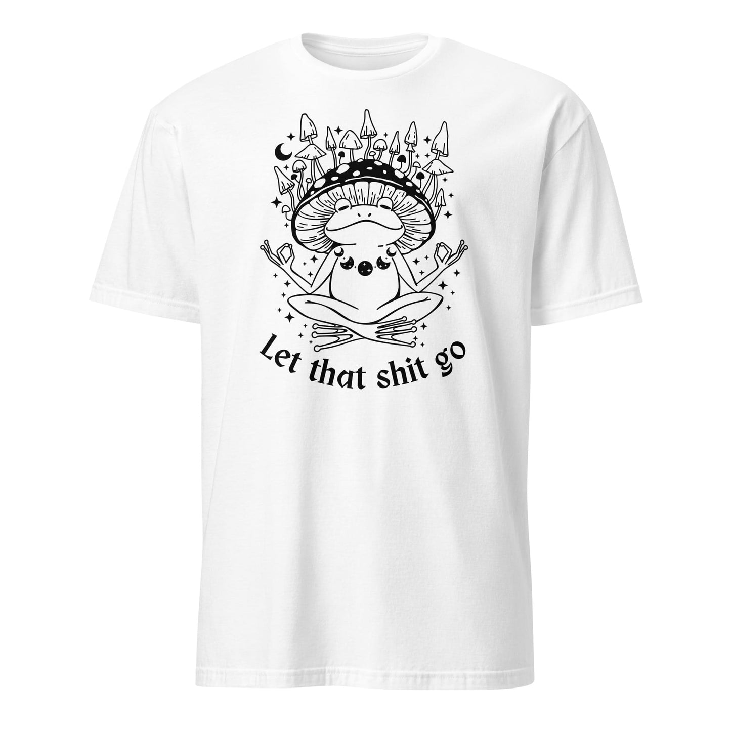 White t-shirt with black graphic design and text on a white background