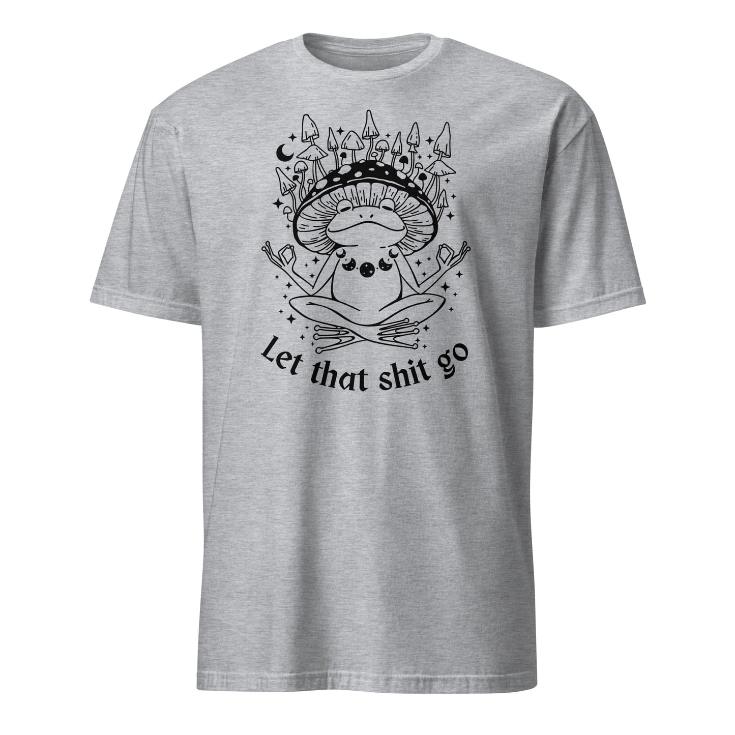 Gray t-shirt with a black graphic design and text on a white background