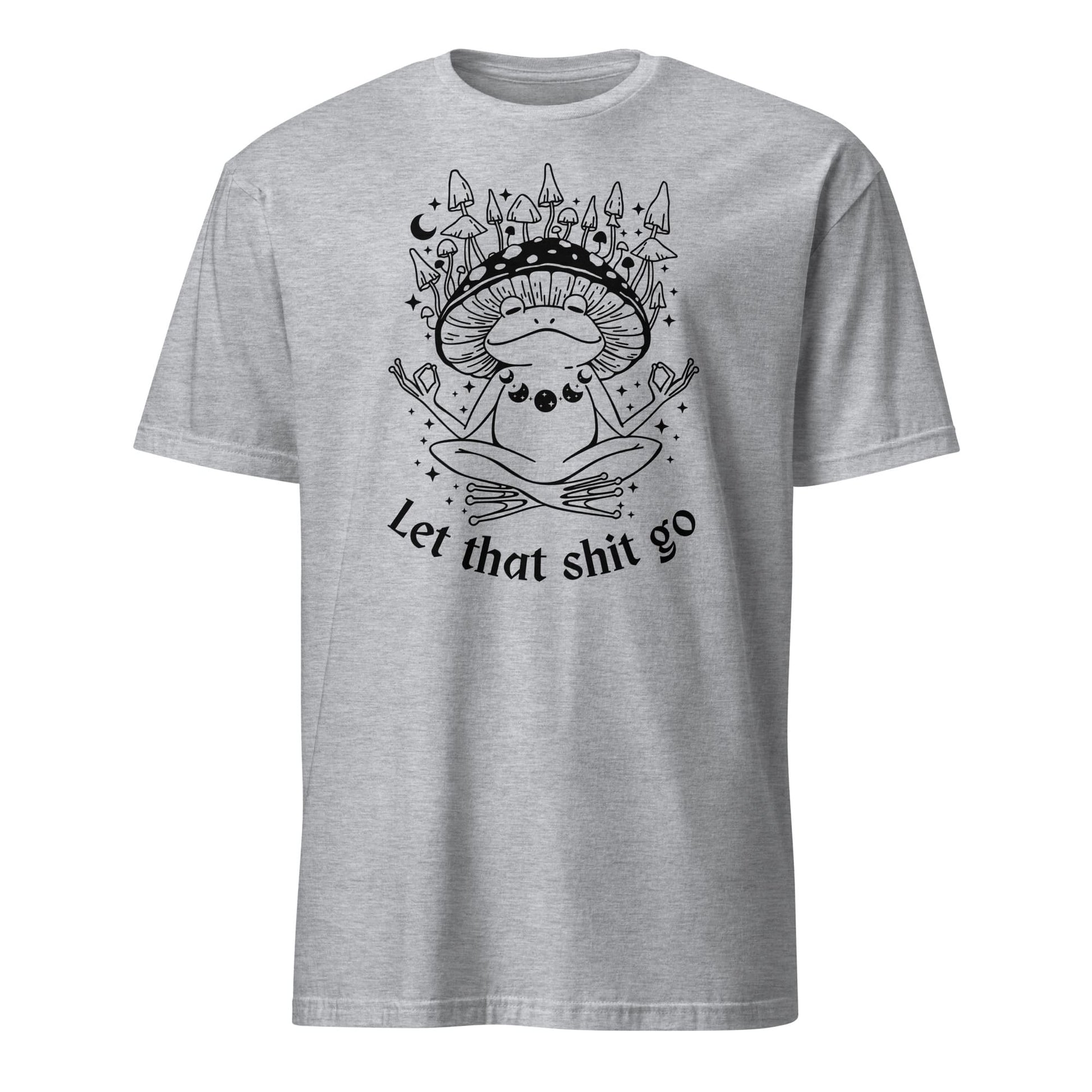 Gray t-shirt with a black graphic design and text on a white background