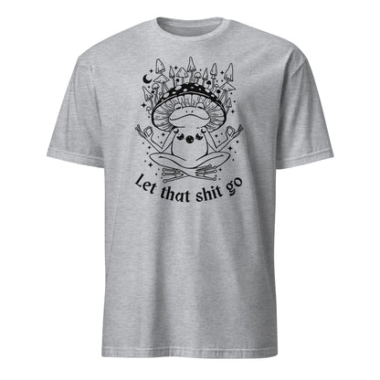 Gray t-shirt with a black graphic design and text on a white background