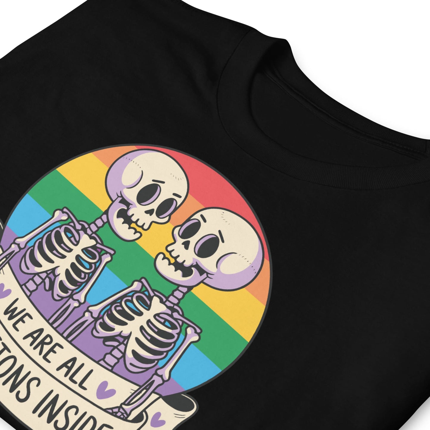 Black t-shirt with a colorful graphic of skeletons lifting weights on a rainbow background: Pride Halloween Shirt, Funny Gay Skeletons On Rainbow Flag, LGBTQ Equality Diversity Human Rights Social Justice Tee, LGBT Gift For Queer