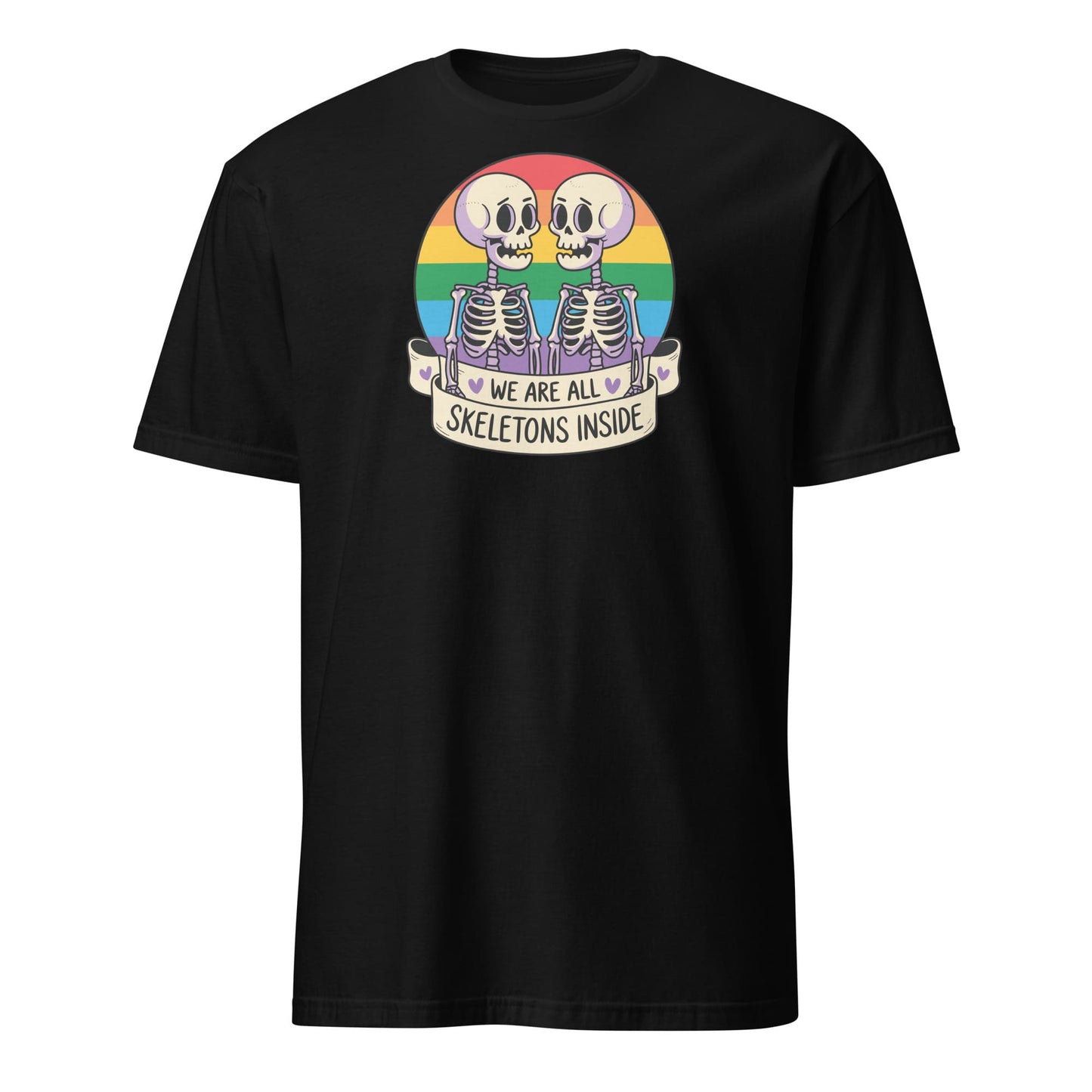 Black t-shirt with skeleton design and rainbow colors on a white background: Pride Halloween Shirt, Funny Gay Skeletons On Rainbow Flag, LGBTQ Equality Diversity Human Rights Social Justice Tee, LGBT Gift For Queer