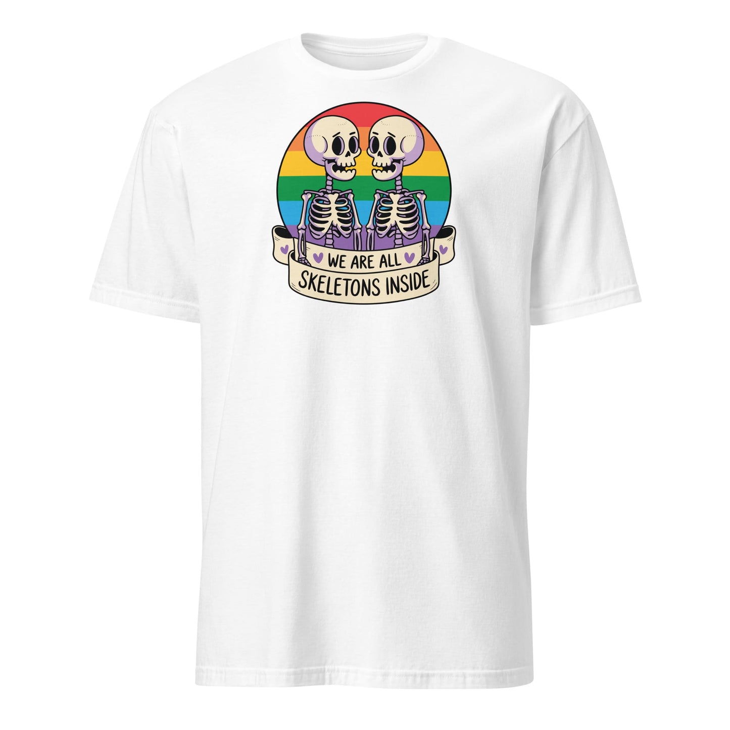 White t-shirt with skeleton design and rainbow flag on a white background: Pride Halloween Shirt, Funny Gay Skeletons On Rainbow Flag, LGBTQ Equality Diversity Human Rights Social Justice Tee, LGBT Gift For Queer