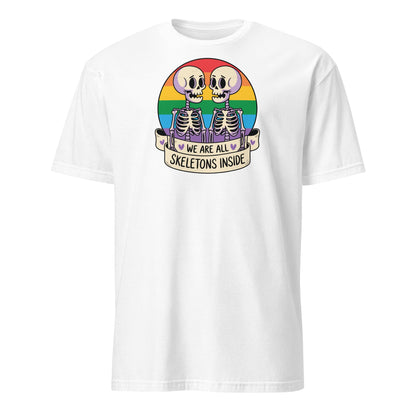 White t-shirt with skeleton design and rainbow flag on a white background: Pride Halloween Shirt, Funny Gay Skeletons On Rainbow Flag, LGBTQ Equality Diversity Human Rights Social Justice Tee, LGBT Gift For Queer
