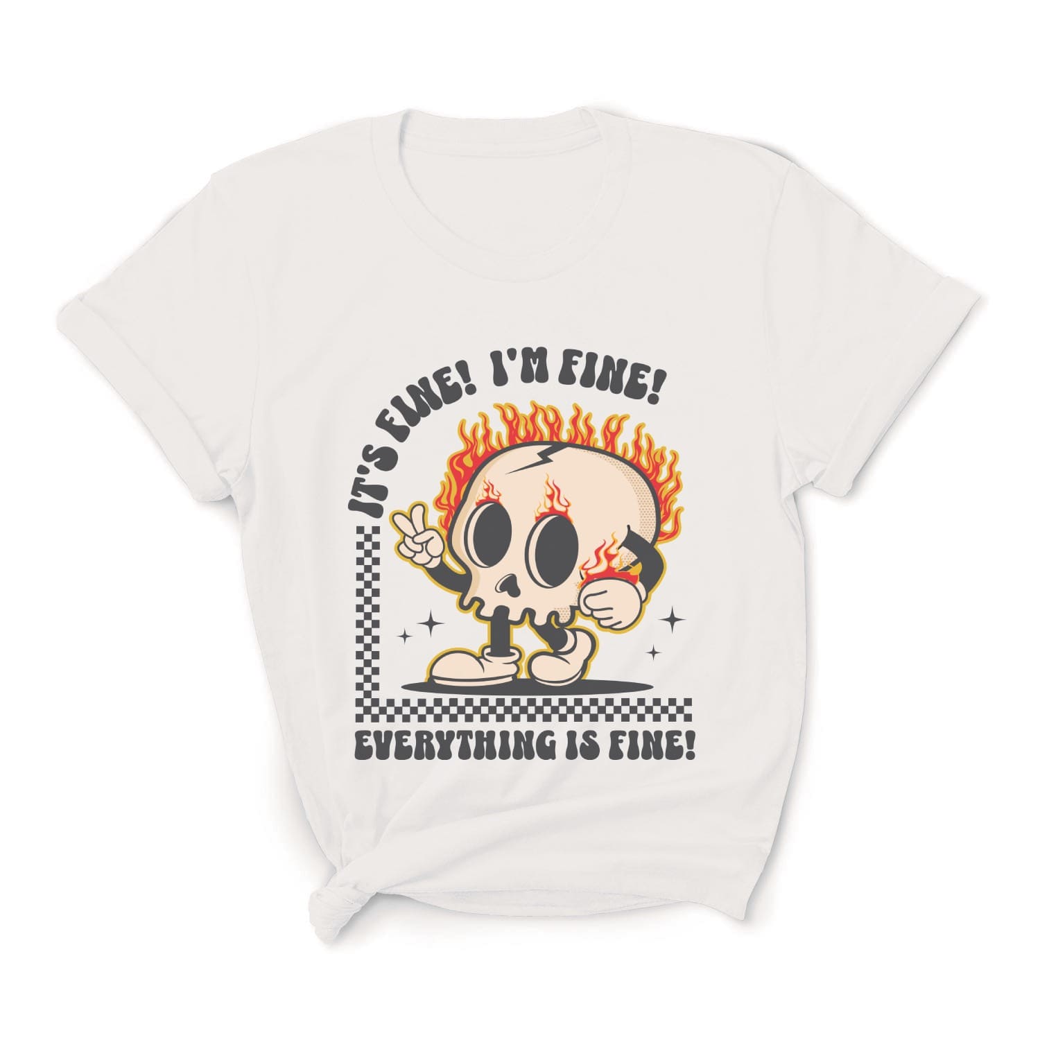 White t-shirt with a cartoon skull design and text on a white background: Funny Mental Health Shirt, Sarcastic Introvert Tee, Cute T-Shirt For Overstimulated, Neurodivergent Gift Its Fine Im Fine Everything Is Fine