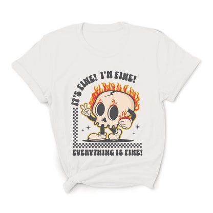 White t-shirt with a cartoon skull design and text on a white background: Funny Mental Health Shirt, Sarcastic Introvert Tee, Cute T-Shirt For Overstimulated, Neurodivergent Gift Its Fine Im Fine Everything Is Fine