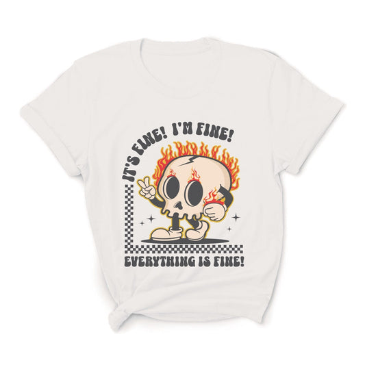 White t-shirt with a cartoon skull design and text on a white background: Funny Mental Health Shirt, Sarcastic Introvert Tee, Cute T-Shirt For Overstimulated, Neurodivergent Gift Its Fine Im Fine Everything Is Fine