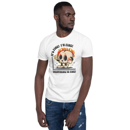 Man wearing a white t-shirt with a graphic design on a white background: Funny Mental Health Shirt, Sarcastic Introvert Tee, Cute T-Shirt For Overstimulated, Neurodivergent Gift Its Fine Im Fine Everything Is Fine