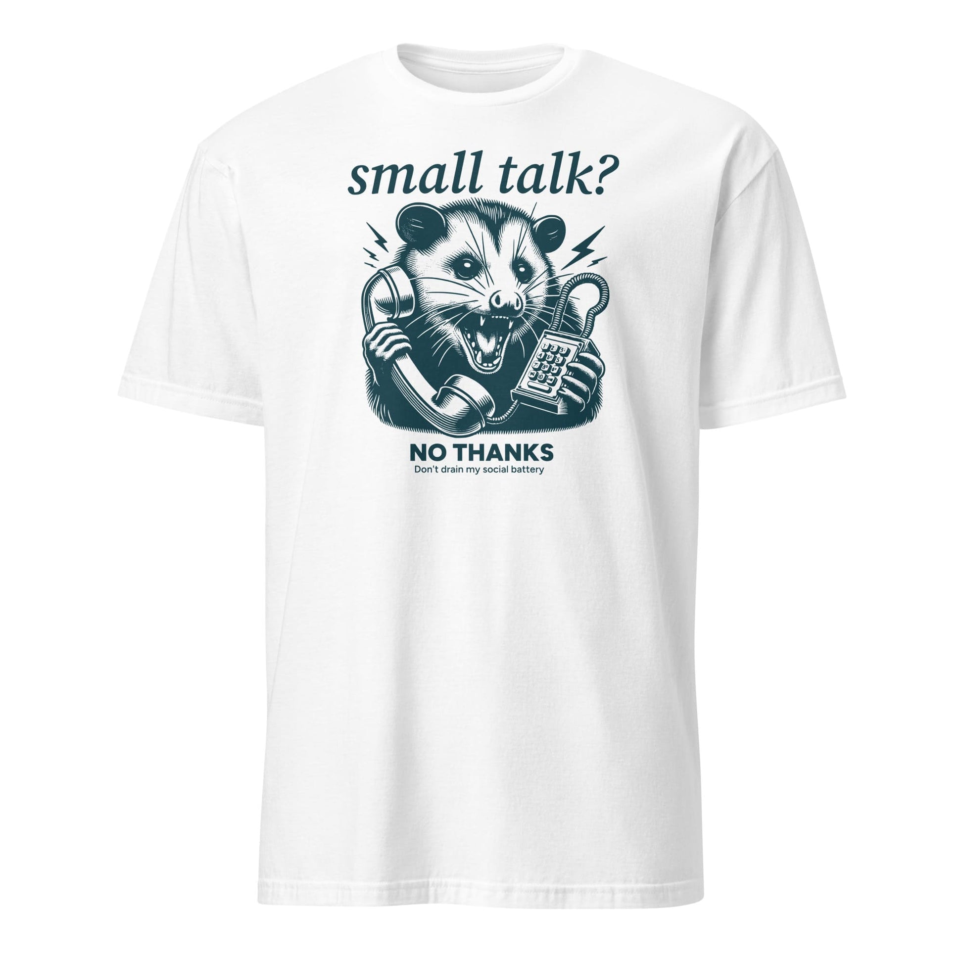 White t-shirt with an opossum graphic and text on a white background: Funny Social Anxiety Shirt, Introvert Socially Awkward Tee, Unhinged Opossum Tee, Neurodivergent T-Shirt For Neurospicy, Gift For Therapist