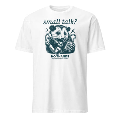 White t-shirt with an opossum graphic and text on a white background: Funny Social Anxiety Shirt, Introvert Socially Awkward Tee, Unhinged Opossum Tee, Neurodivergent T-Shirt For Neurospicy, Gift For Therapist
